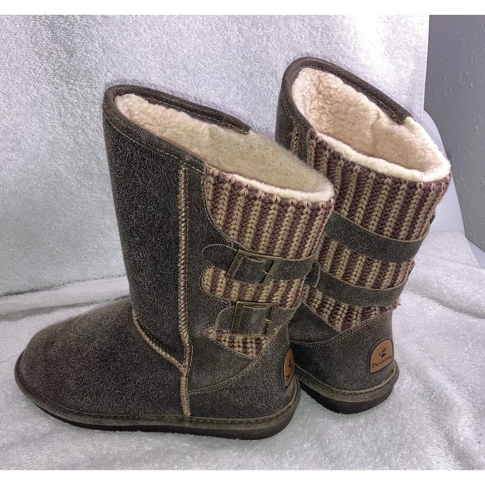 Bearpaw Womens Boots‎ Size 7 Brown Knit Mid Calf Sheepskin Lined Winter Cozy